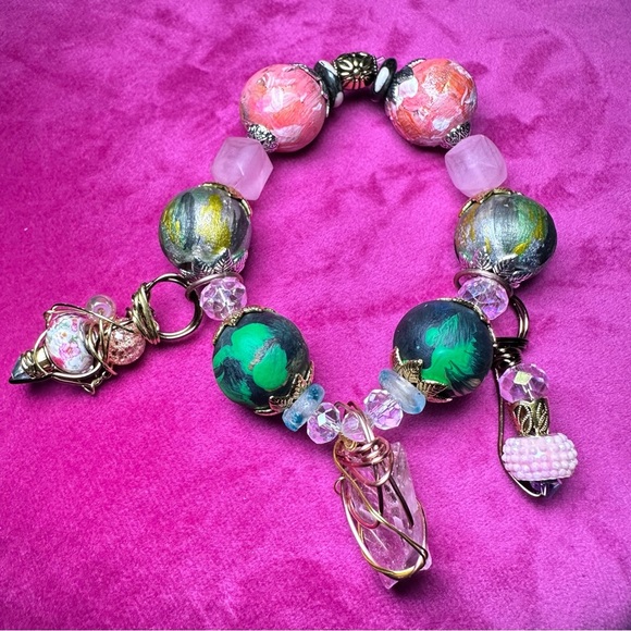 Handmade Charm Bracelet with Hand-Painted Beads & Wire-Wrapped Accents 6-7 3130 - Picture 11 of 11